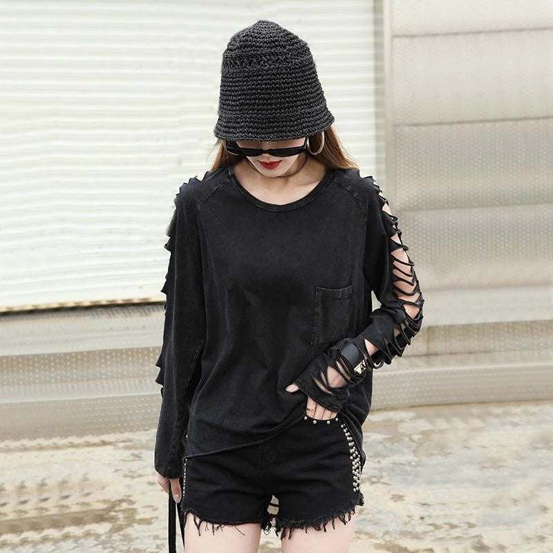 Black Distressed Long-Sleeve Top with Cutout Sleeves