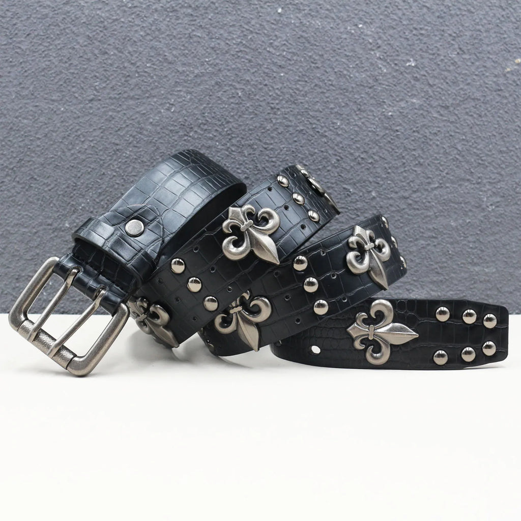 Crocodile-Embossed PU Belt with Fleur-de-Lis Rivets and Double Buckle