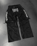 Men's Black Patchwork Embroidered Zipper-Panel Baggy Jeans