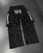 Men's Black Patchwork Embroidered Zipper-Panel Baggy Jeans