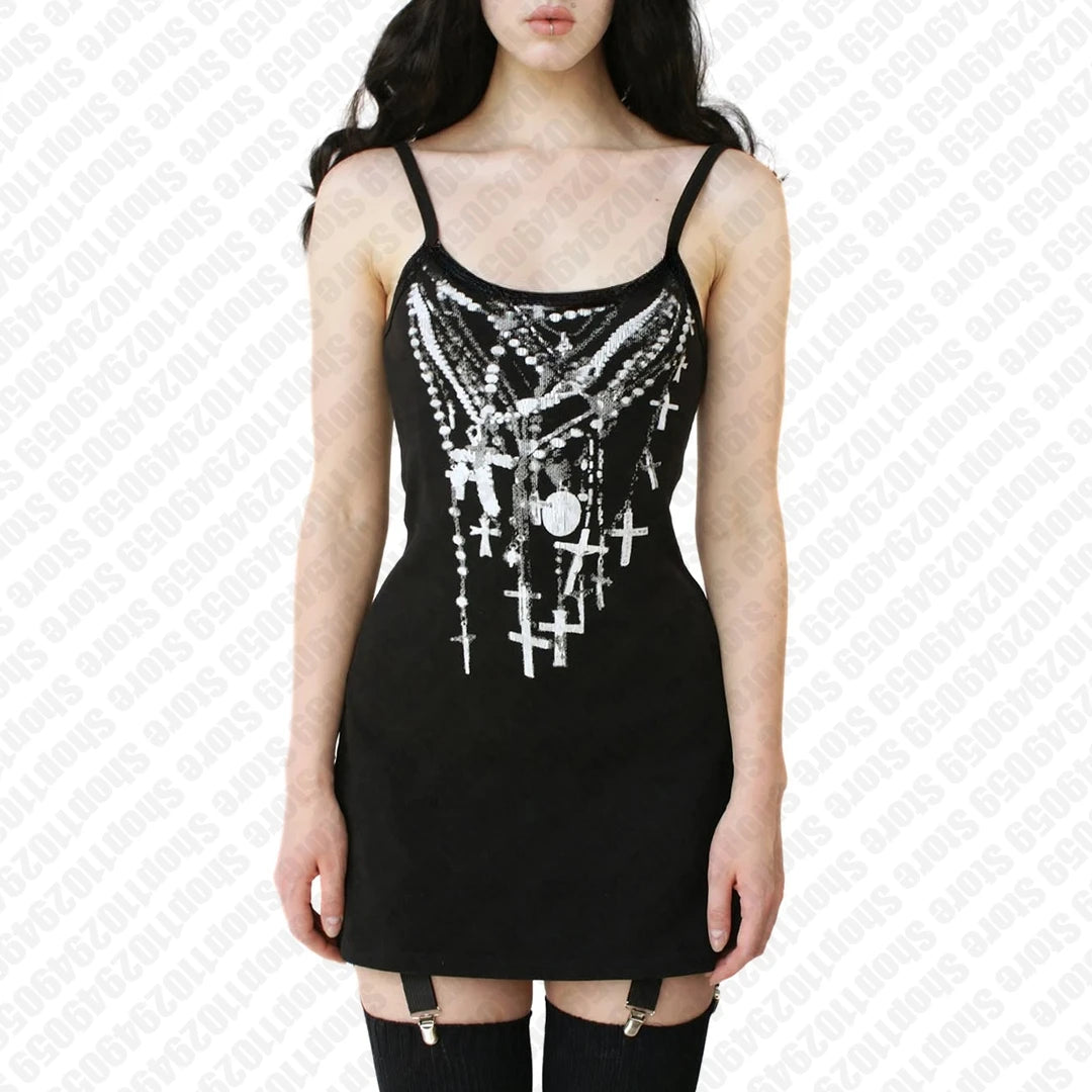 Black Printed Mini Dress with Cross Motif