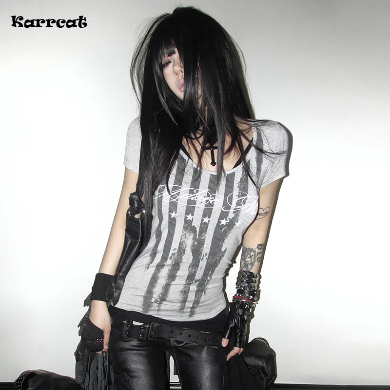 Gray Striped Graphic Short-Sleeve T-Shirt