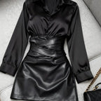 Women's Black Long-Sleeve Wrap-Waist Dress