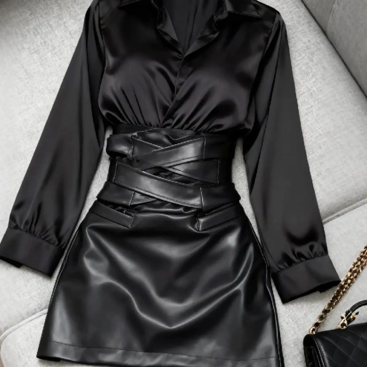 Women's Black Long-Sleeve Wrap-Waist Dress