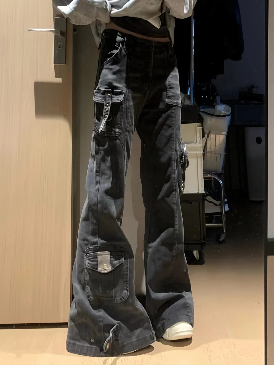 Women's Black Low-Rise Cargo Flare Jeans