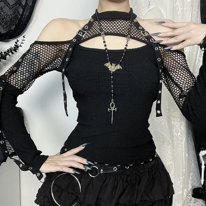 Women's Black Gothic Fishnet Cutout Long-Sleeve Top