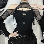 Women's Black Gothic Fishnet Cutout Long-Sleeve Top