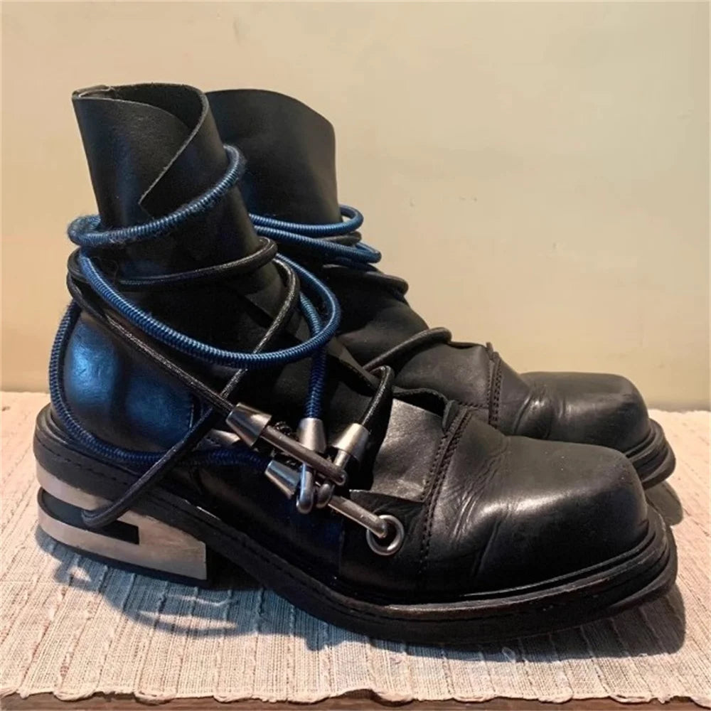 Men's Black Mid-Calf Lace-Up Boots with Wraparound Cords