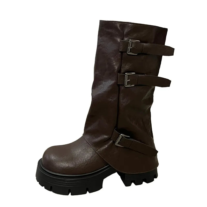 Women's Brown Platform Buckle Mid-Calf Boots