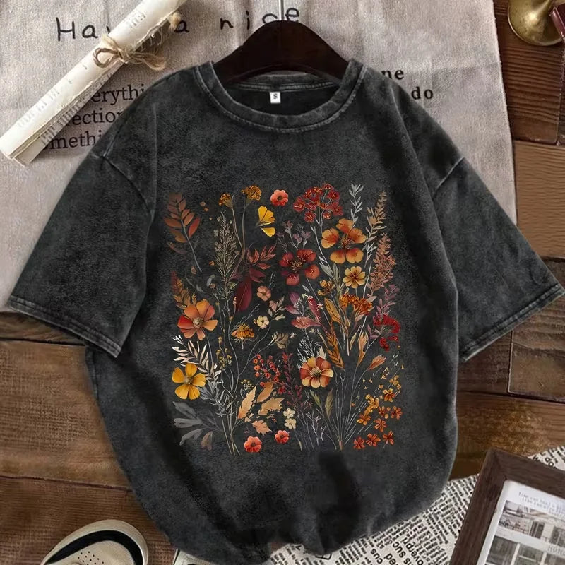 Washed Botanical Print T-Shirt – Short Sleeve Crew Neck