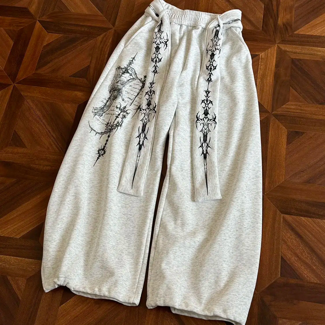 Gothic Graphic Wide-Leg Sweatpants with Drawstring Waist