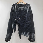 Women's Black Distressed Cable-Knit Pullover Sweater
