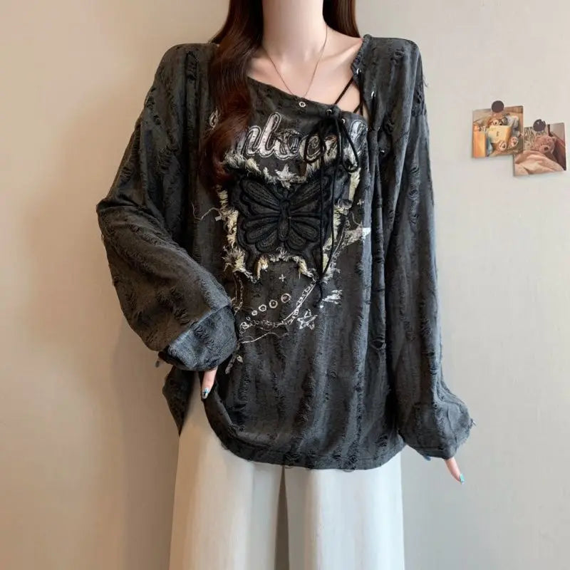 Women's Butterfly Graphic Lace-Up Long-Sleeve Top