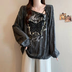 Women's Butterfly Graphic Lace-Up Long-Sleeve Top