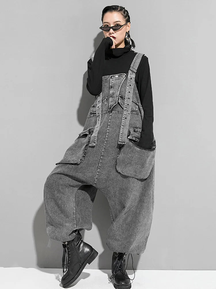Women's Black Denim Bib Overalls - Loose Wide Leg