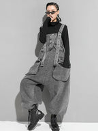 Women's Black Denim Bib Overalls - Loose Wide Leg