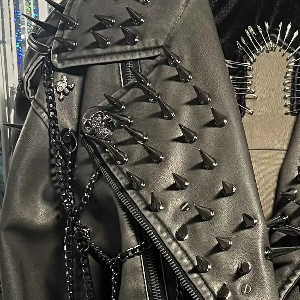 Women's Gray PU Leather Spiked Jacket