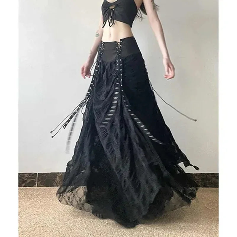 Grunge Black Lace-Up Ruched Maxi Skirt