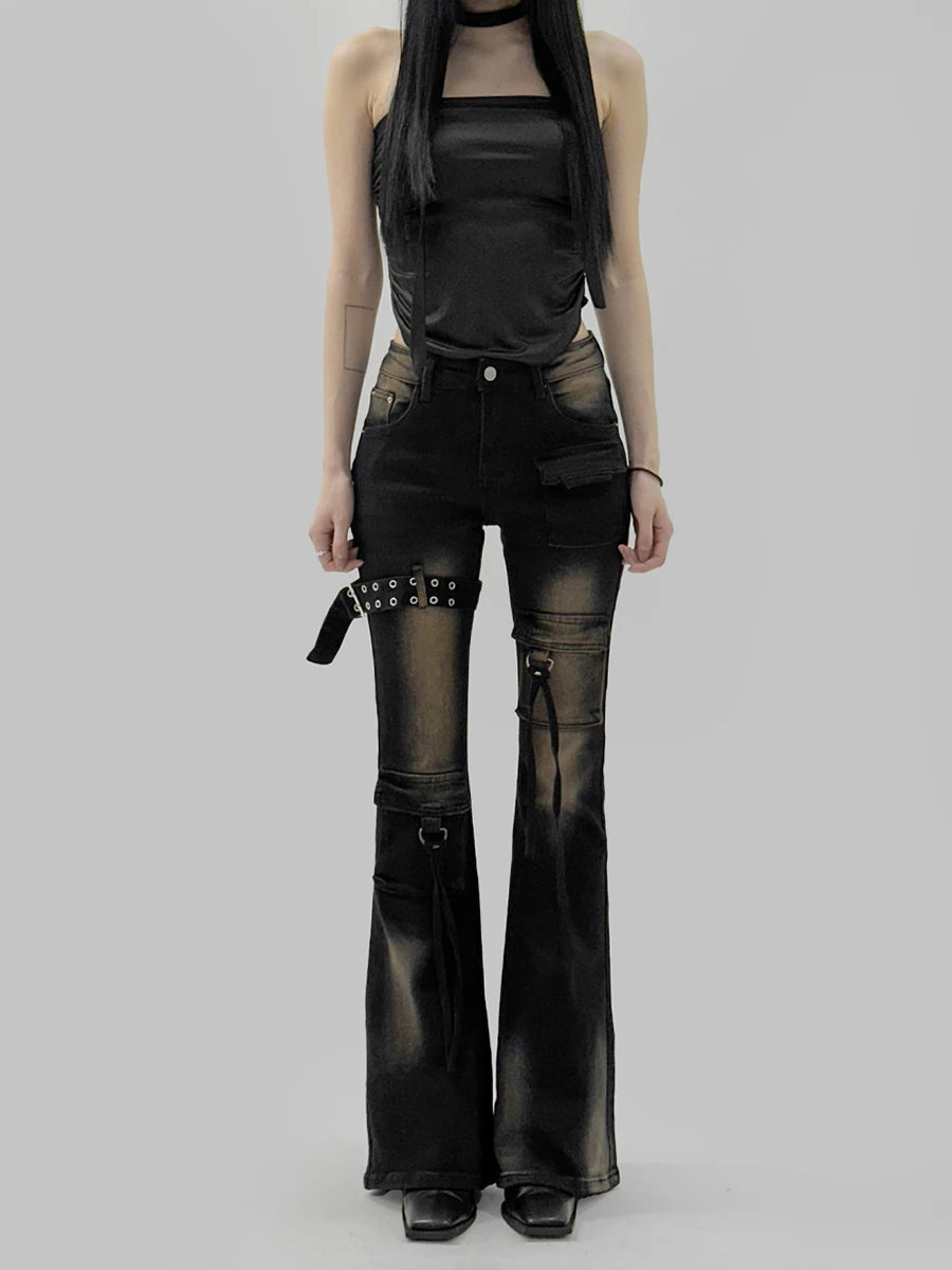 Women's Black and Blue Low-Rise Flare Cargo Jeans with Belt Detail