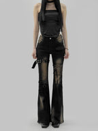 Women's Black and Blue Low-Rise Flare Cargo Jeans with Belt Detail