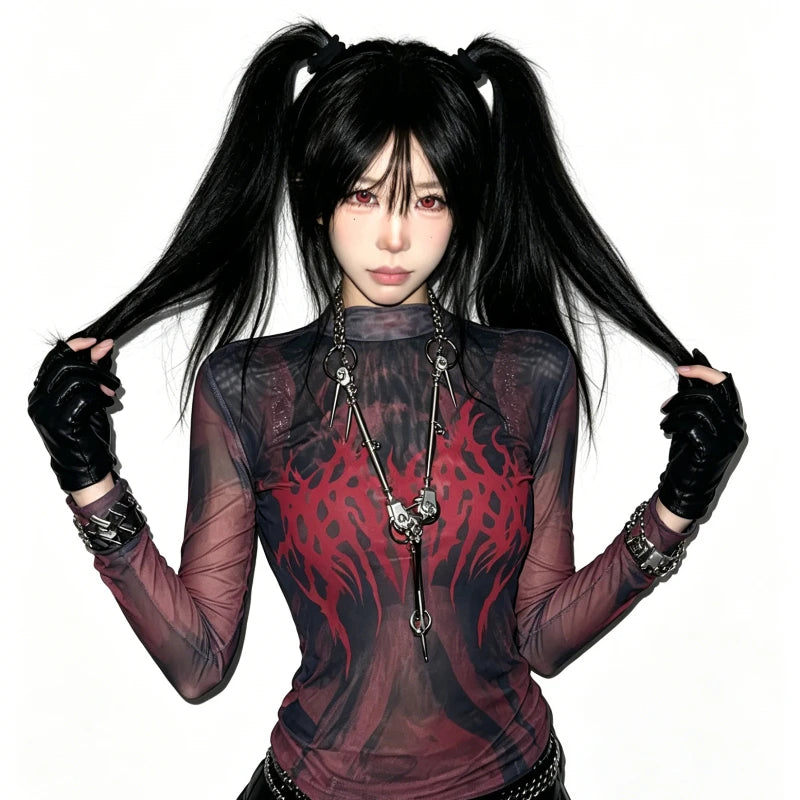 Women's Gothic Sheer Mesh Long-Sleeve Top with Red Graphic Print