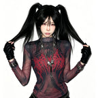 Women's Gothic Sheer Mesh Long-Sleeve Top with Red Graphic Print