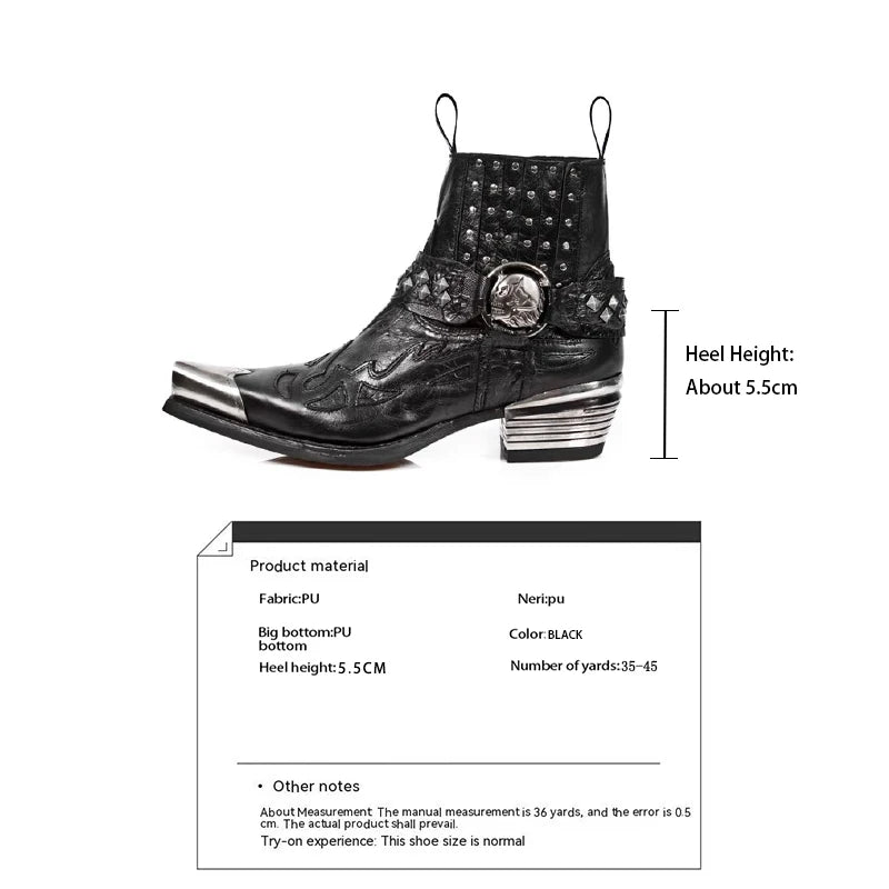 Black Studded Western Boots with Metallic Toe and Skull Buckle