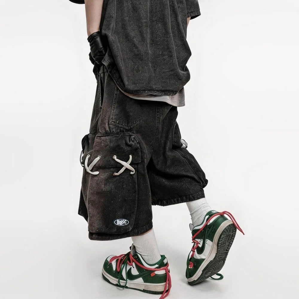 Men's Black Denim Cargo Shorts – Loose Knee-Length Drawstring Shorts