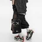 Men's Black Denim Cargo Shorts – Loose Knee-Length Drawstring Shorts