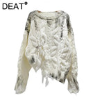 Women's Gray Distressed Cable-Knit Pullover Sweater