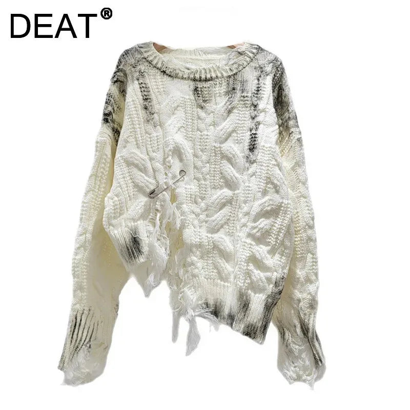 Women's Gray Distressed Cable-Knit Pullover Sweater