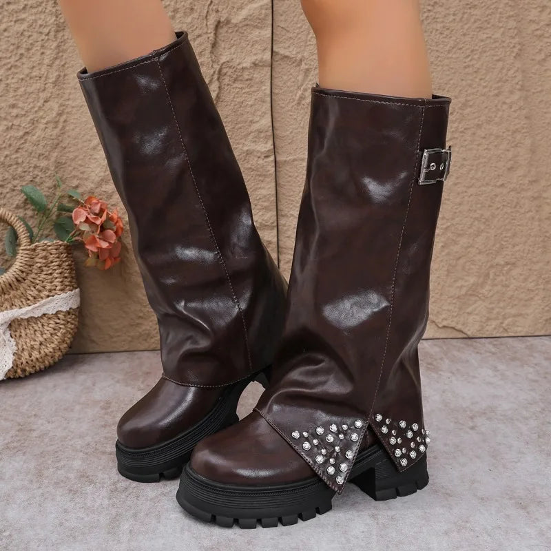 Women’s Knee-High Platform Boots with Rhinestone Buckle Detail