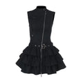 Women’s Black Sleeveless Zip Dress with Tiered Ruffle Skirt