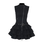 Women’s Black Sleeveless Zip Dress with Tiered Ruffle Skirt