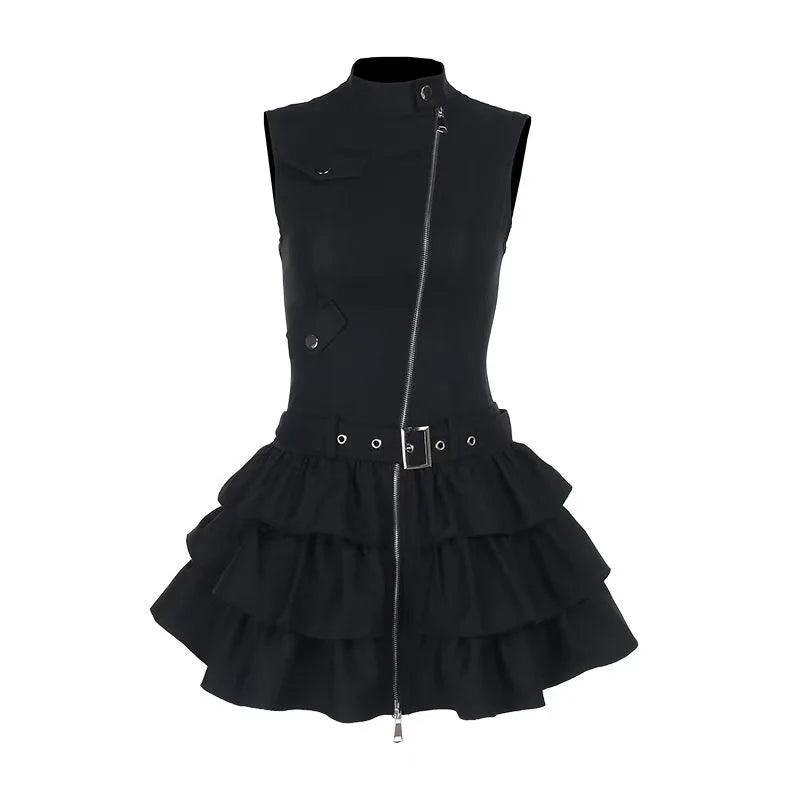 Women’s Black Sleeveless Zip Dress with Tiered Ruffle Skirt
