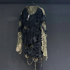 Men's Black and Olive Distressed Patchwork Long-Sleeve T-Shirt