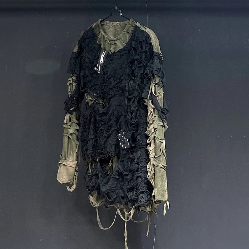 Men's Black and Olive Distressed Patchwork Long-Sleeve T-Shirt