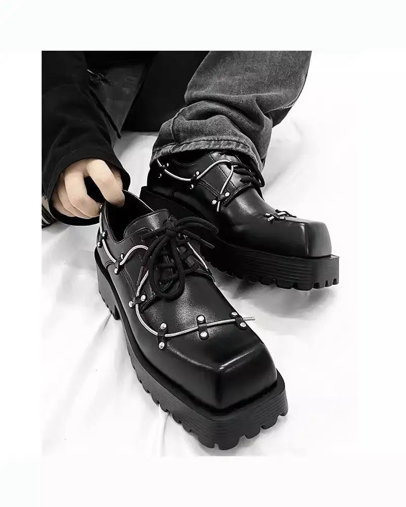 Men's Black Leather Platform Oxfords – Square Toe Lace-Up