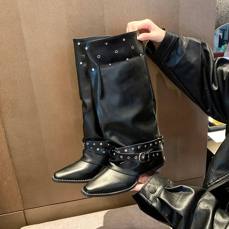 Black Pointed-Toe Buckle Strap Knee-High Boots