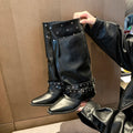 Black Pointed-Toe Buckle Strap Knee-High Boots