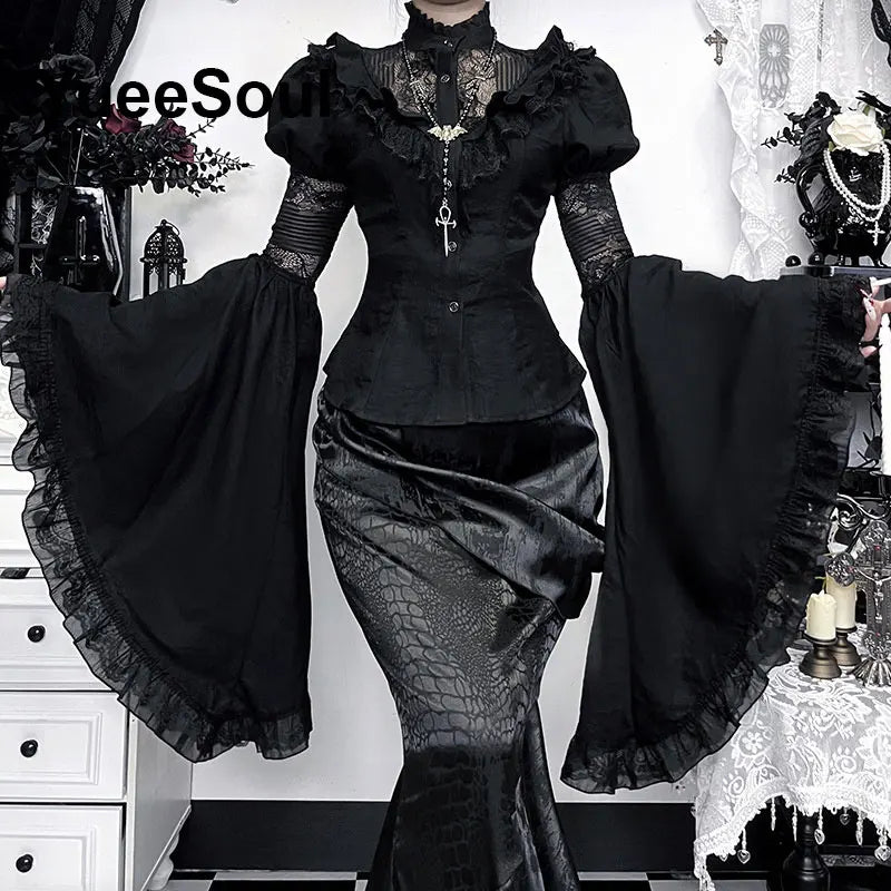 Women's Black Lace-Panel Long-Sleeve Top