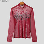 Men's Printed Mesh Turtleneck Long-Sleeve Tee