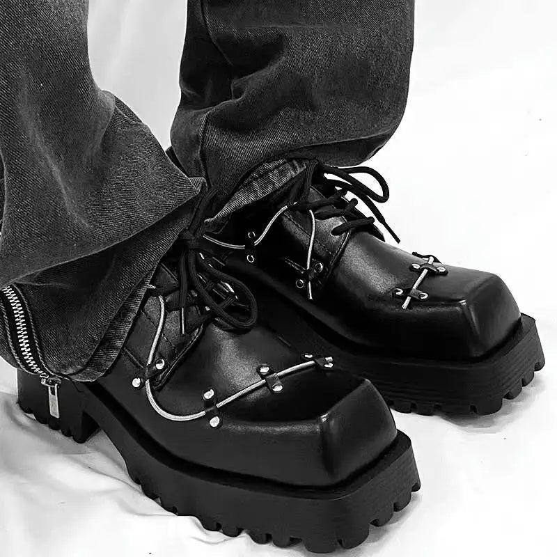 Men's Black Leather Platform Oxfords – Square Toe Lace-Up