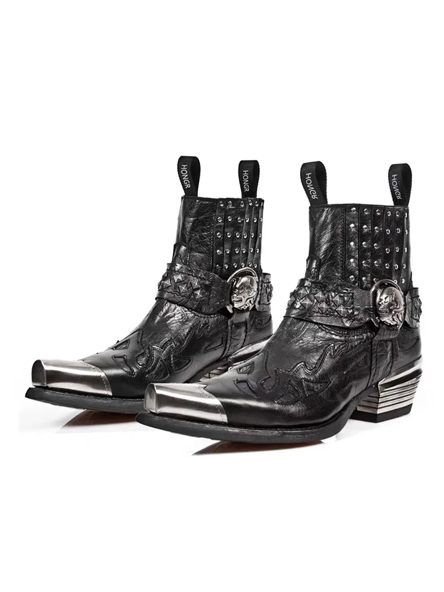 Black Studded Western Boots with Metallic Toe and Skull Buckle