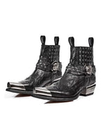 Black Studded Western Boots with Metallic Toe and Skull Buckle