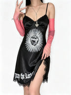 Grunge Black Lace-Trim Mini Dress with Heart Graphic