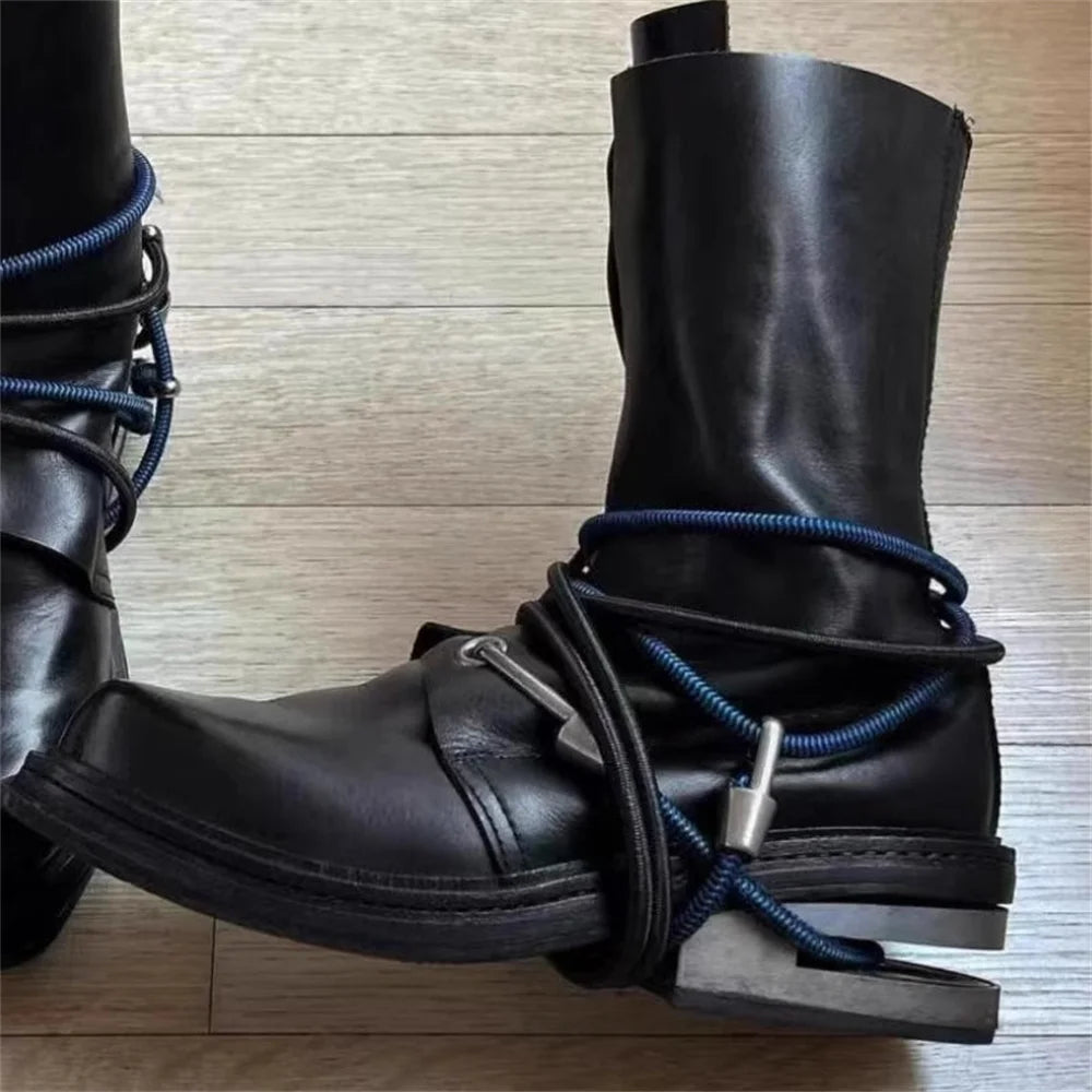 Men's Black Mid-Calf Lace-Up Boots with Wraparound Cords