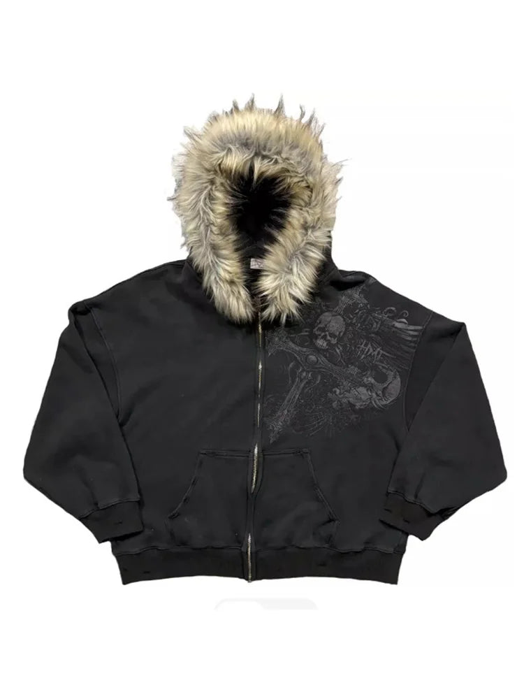 Women's Faux Fur Collar Graphic Zip-Up Hoodie