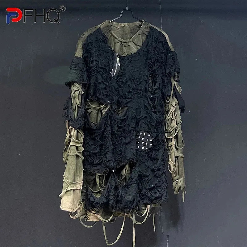Men's Black and Olive Distressed Patchwork Long-Sleeve T-Shirt