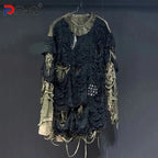 Men's Black and Olive Distressed Patchwork Long-Sleeve T-Shirt
